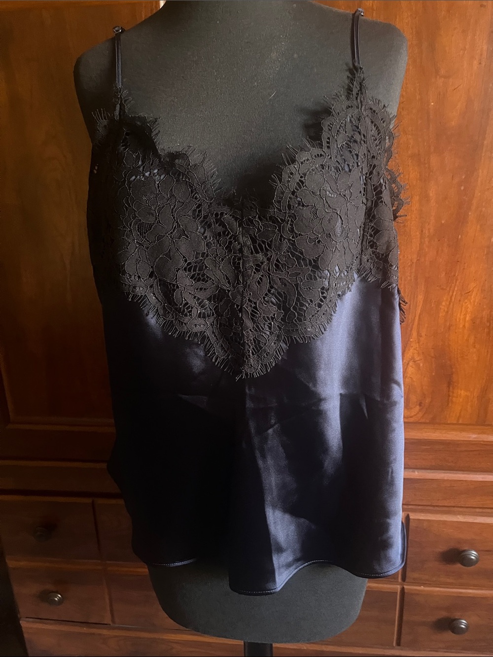 LOFT Black Satin Lace-Trim Cami